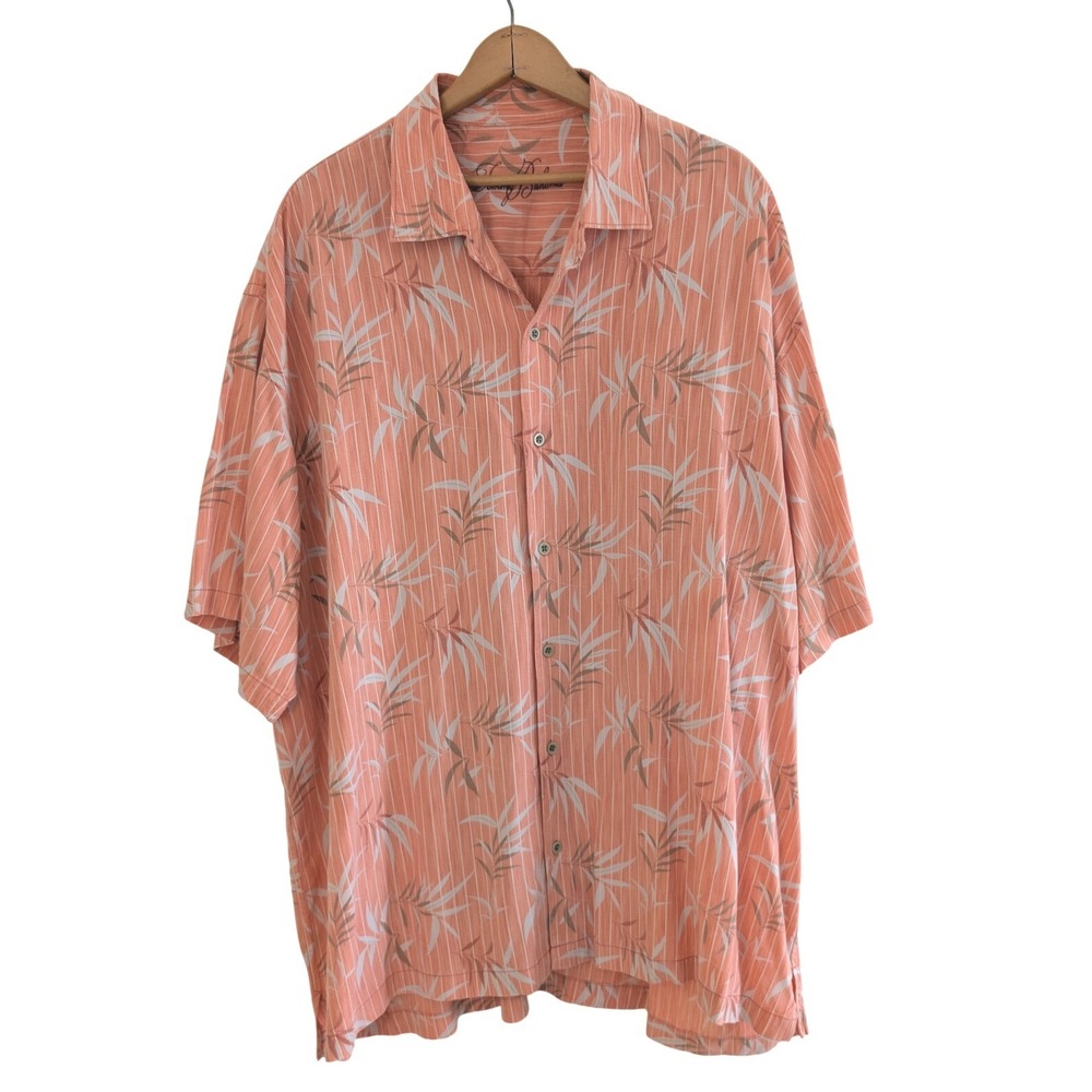 Tommy Bahama Mens XXL Coral Orange Tropical Palm Stripe Tencel Camp Shirt T32054
